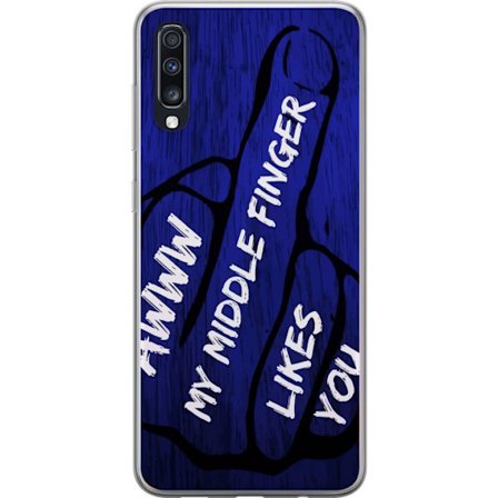 Kompatibelt Mobildeksel til Samsung Galaxy A70 Mørk typografisk illustrasjon med hjerteform og budskap om vennskap mot dyp blå tretekstur