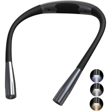 Genopladelig læselampe til nakken, LED-læselampe, fleksibel boglæselampe, 3 farver, foldbare arme, strikning, læsning i sengen