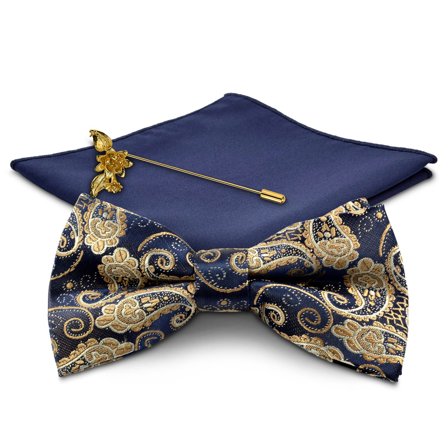 Blue Paisley and Gold-Tone Suit Accessory Set for Men - Bow Tie Sets