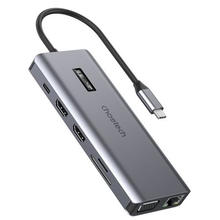 Choetech 12in1 USB-C HUB med skjerm - USB-C/USB-A/HDMI/VGA/AUX/SD/TF, grå (HUB-M26)