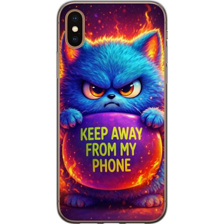 Kompatibelt Mobildeksel til Apple Apple iPhone XS Sinna lodne blå katt med teksten "Hold deg unna telefonen min" i neonfarger og ildlignende effekter