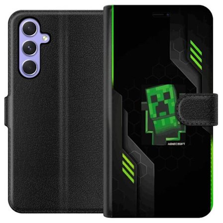 Yhteensopiva Lompakkokotelo Samsung Samsung Galaxy A54 Vihreä pikselipohjainen peli-esitys, jossa on futuristisia neon-elementtejä ja tumma tech-tau