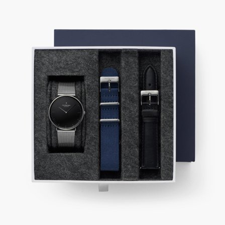 Nordgreen Minimalistist Slim Men's Watch - Black Dial - Silver Case - Silver Mesh / Navy Nylon / Black Leather 40mm Straps Native White Dial Unika