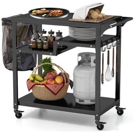 COSTWAY Vagn för Plancha 85x50,5 cm - 3 hyllor - 4 universalhjul - Krokar Sidohandduksställ - Grillvagn