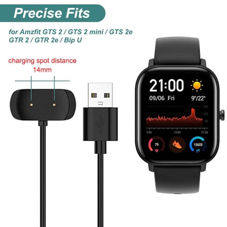 Kissmart opladerkabel til Amazfit Bip 5, Bip 3, Bip U, T-Rex Pro, GTS 4 Mini, GTS 2, GTS 2 Mini, GTS 2e, GTR 2, GTR 2e, Active, USB-opladerkabel