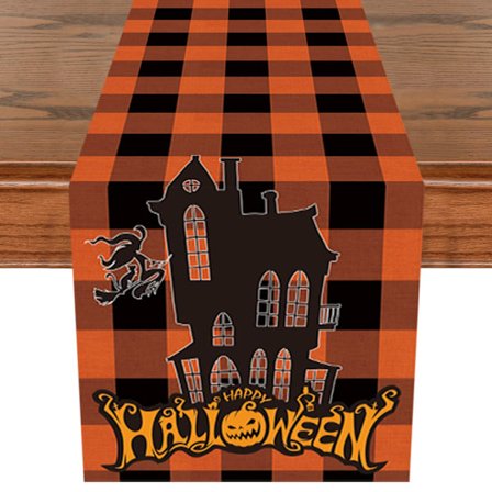 Halloween Bordløber, 13 x 72 tommer Orange Sort Buffalo Plaid Slot Bordløber, Vintage Sæsonbestemt Efterår Ferie Køkken Indretning Tjek Bordlinje
