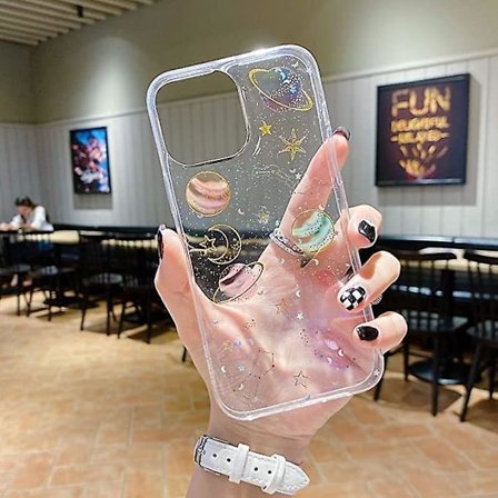 Mobilfodral för iPhone 13 Pro Max, Sött, Transparent Glittrande Planet Stjärna Rymddesign, Glittrande Bling Smalt Mjukt TPU Skyddande Fodral för 