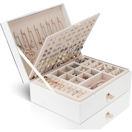 Smykkeskrin Organizer til Halskæder Øreringe Armbånd Ringe, Stor PU Læder Smykkeopbevaringsboks med 3 Stabelbare Lag