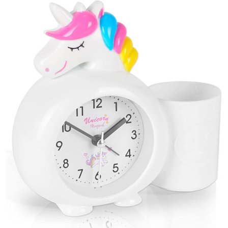 Barnevekkerklokke for jenter, enhjørning vekkerklokke uten tikking med pennholder, stille vekkerklokke ved sengen, høy vekkerklokke