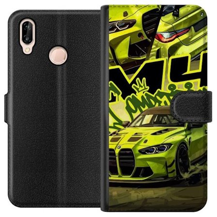 Kompatibel Tegnebogsetui til Huawei P20 lite Bluey-familien i glad tegnestil med blomsterbaggrund og legende farvepalet