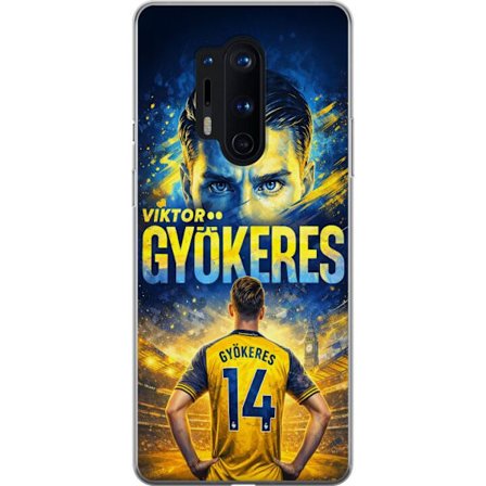 Yhteensopiva Puhelinkuori OnePlus OnePlus 8 Pro Viktor Gyökeres jalkapallojuliste keltaisella ja sinisellä värimaailmalla, dramaattinen stadiontaus