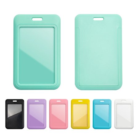 To skydbare ID-kortlommer med et transparent vindue og en grøn ID-kortbeskyttelseslomme, egnet til kontor-, skole- og kreditkortbrug.