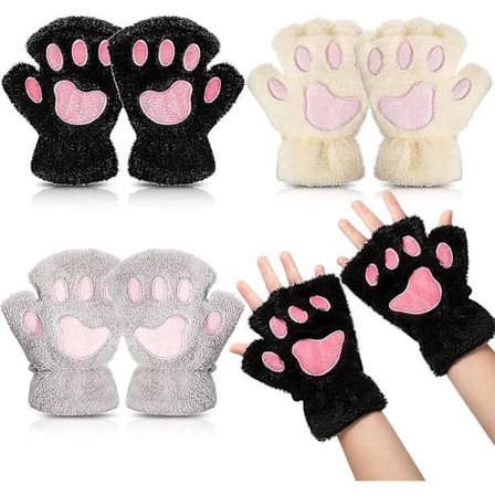Kattepotehandsker 3 Par Kawaii Handsker Kattepoter Cosplay Fuskepels Plys Kattehandsker Løvepoter Fingerløse Handsker Til Piger Kvinder Sort,...