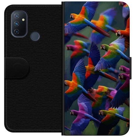 Kompatibel Tegnebogsetui til OnePlus Nord N100 Farverige papegøjer i flugt mod en mørk baggrund