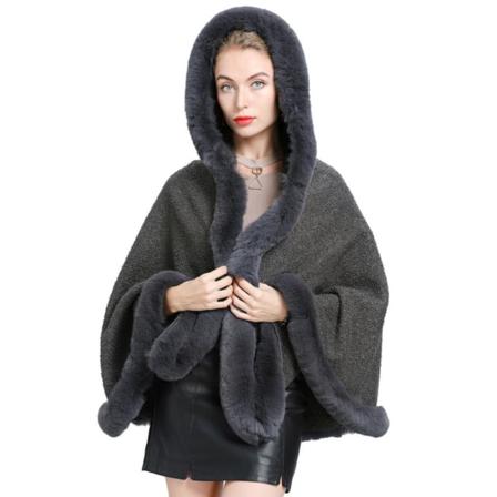 Grå lös hoodie filt sjalar med fuskpäls trimning krage varm kofta för dam