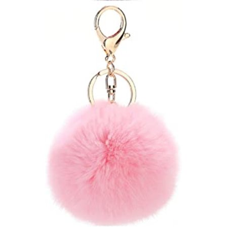 (Rosa farge) Pompom nøkkelring i kaninhår, myk å ta på G