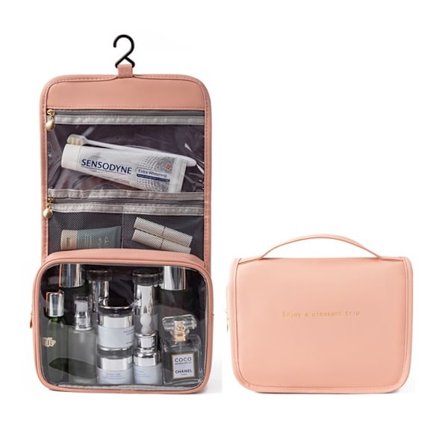 Hengende toalettmappe med håndtak, kosmetikkorganisator for reise, rosa
