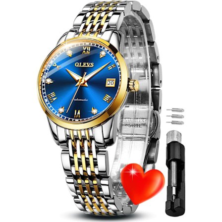 Dame automatiske ure Guld diamant luksus kjole klassisk dame selvoptrækkende tofarvet rustfrit stål armbåndsur gave