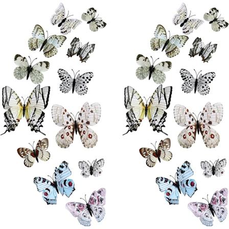 Avtagbart 3D sommerfugl veggklistremerke dekorasjon (dobbeltlags - hvit/24 stykker) White