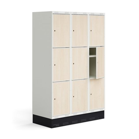 Schüler-Spind ROZ, 3 Module/9 Türen, inkl. Sockel, 1890 x 1200 x 550 mm, Birke