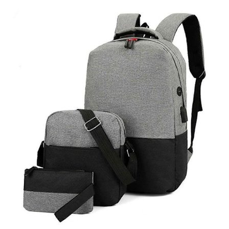 3st/Set Herr Casual Ryggsäck med USB Laddningsport Svart Grå Skolväska Messenger Bag Pennfodral