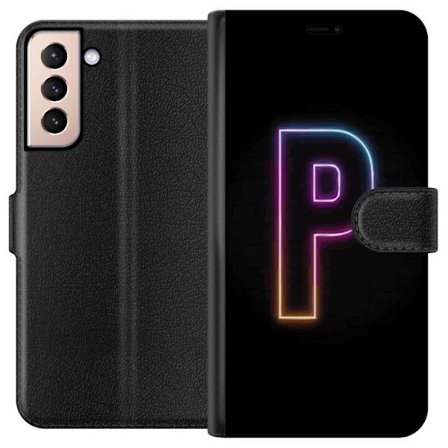 Kompatibel Tegnebogsetui til Samsung Samsung Galaxy S21 Minimalistisk neonbogstav P i farvegradient og lyseffekt mod sort baggrund i digital neonstil