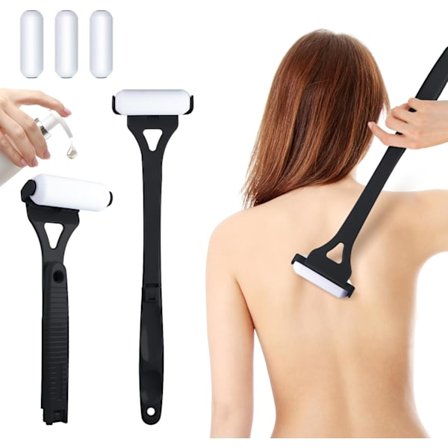 Ryggkremapplikator med langt håndtak, 4 gjenbrukbare skumruller og sammenleggbar design for enkel selvpåføring, svart