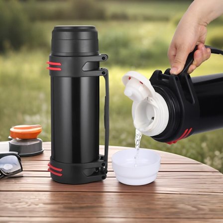 1600 ml musta suurikokoinen ruostumattomasta teräksestä valmistettu termos Outdoor-matkoille, pitää juomat kuumina 12–24 tunnin lämpöeristyksellä