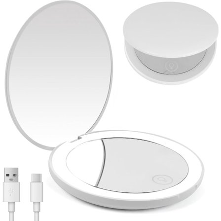 Make-up spejl med lys, LED, Make-up spejl 1X/10X, Kompakt, Genopladelig, Trinløs dæmpning, Hvid