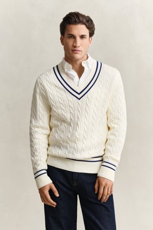 GANT Herren Zopfstrick V-Neck Pullover aus Baumwolle (L) Weiß