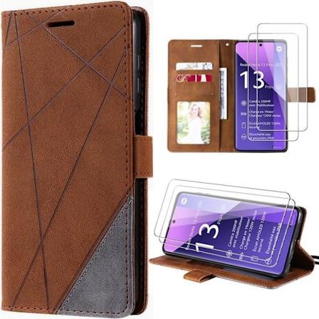 Etui og 2 hærdede briller til Xiaomi Redmi Note 13 Pro+ 5G - Note 13 Pro Plus 5G, brun PU-læderbeskyttelse