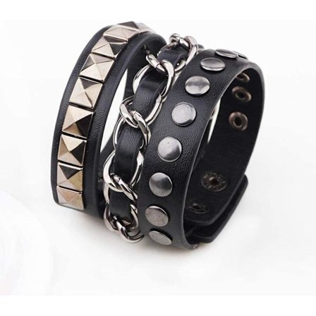 Læderarmbånd med kæde, pyramide og runde nitter