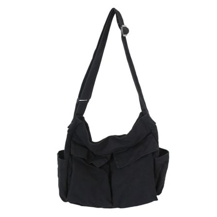 Messenger Bag for Kvinner Vintage Svart Canvas Skolesekk [JSR]