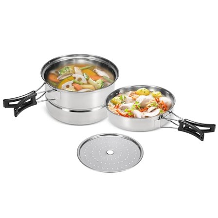 3 st Camping Köksredskap Set Rostfritt Stål Gryta Pan Steam Rack Utomhus Hem Kök Matlagning Set