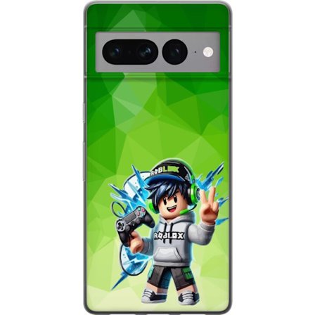 Kompatibelt Mobildeksel til Google Pixel 7 Pro Roblox-inspirert gamerfigur med headset, håndkontroll og energiske effekter mot grønn bakgrunn