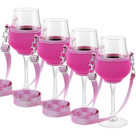 4 st Vin Glashållare för Halsen - Roseröd med Halsband för Jul