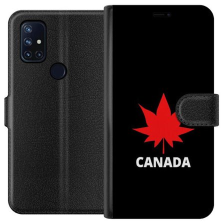 OnePlus Nord N10 5G Plånboksfodral Kanada lönnlöv röd symbol på mörk bakgrund stilren och tydlig design med nordisk naturkänsla