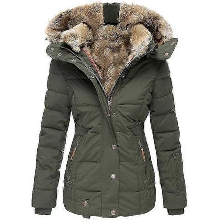 Varm vinterjacka för dam med pälskrage, dragkedja, smal passform, långärmad och huva