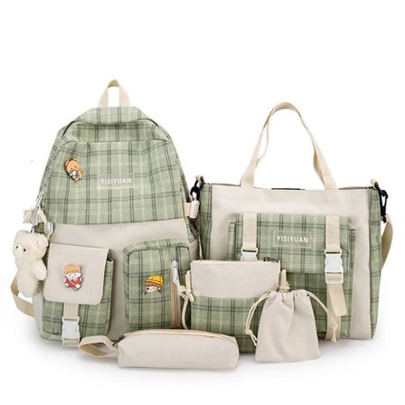 Piger 5 stk./sæt Rygsæk Grundskole Skuldertasker, Sød Æstetisk Stor Kapacitet Skoletaske Rygsæk med Hænger, 3 Farver~02806