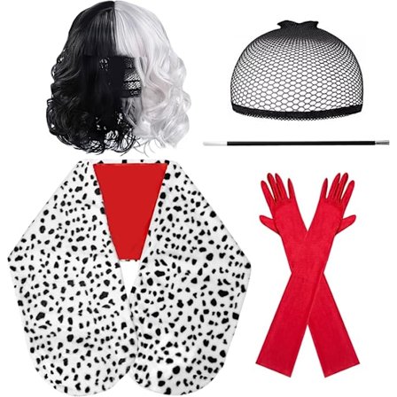 Naisen Halloween-asu 2024, dalmatialautanen, mustavalkoinen peruukki, punaiset 20-luvun hanskat, tukivarusteet ja