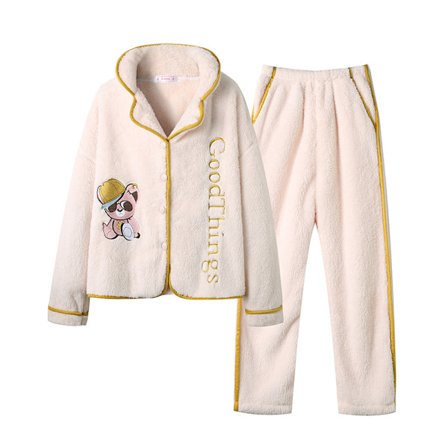Benvit Bear Velvet Pyjamas Långärmad Plus Velvet tecknad Coral Velvet Pyjamas för kvinnor