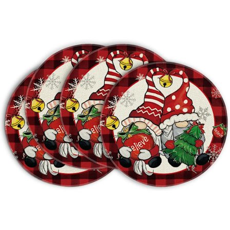 Rødternet Nisse Julekugle Glædelig Jul Runde Dækkeservietter - 4 stk., 35 cm Vinter Runde Bordmåtter til Spisebordsdekoration
