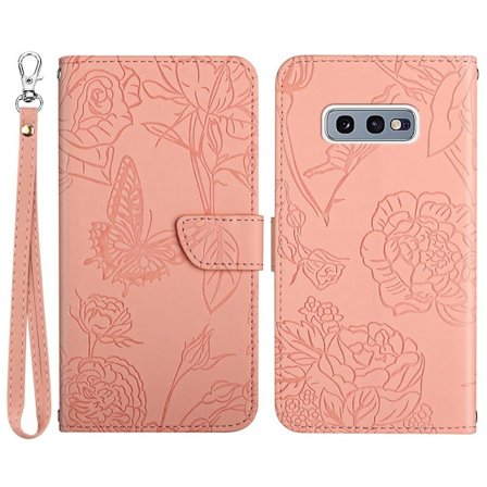 För Samsung Galaxy S10e PU läder Butterfly Flower Imprinted Stand Flip Cover Skin-touch Feeling Magnetic Folio Cover med handrem - Rosa
