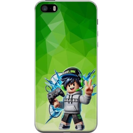 Kompatibelt Mobildeksel til Apple iPhone SE (2016) Roblox-inspirert gamerfigur med headset, håndkontroll og energiske effekter mot grønn bakgrunn