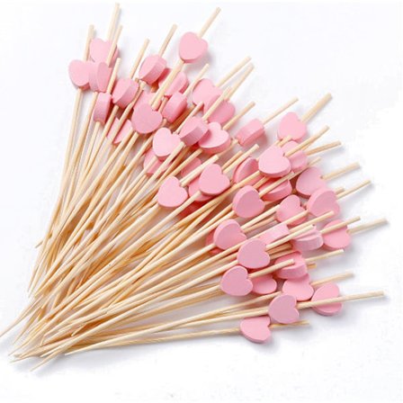 100 stk. lyserøde hjerte cocktailpinde, træspyd - Romantiske tandstikkere til drinks, frugtfade og festlige appetitvækkere, naturlig mad