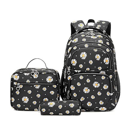 Rygsætsæt med madkasser - skoletaske til teenagepiger - 3-delt gradient skoletaske til elever i sorte.