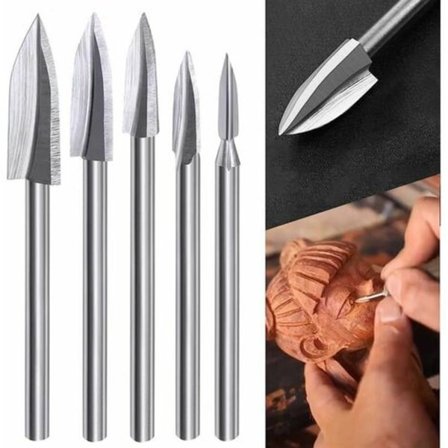 Sæt med 5 træskærerfræserbits til roterende værktøj, 3,2 mm (1/8") skaft, til gør-det-selv, træbearbejdning, udskæring, boring og slibning.