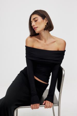 NA-KD Soft Line långärmad topp - Off Shoulder toppar - Svart - XL (EU 46)