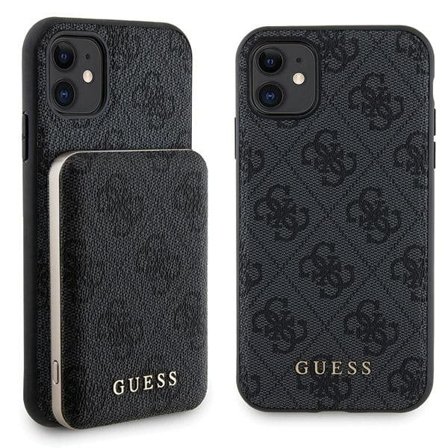 Guess 4G Metal Logo etui sæt til iPhone 11 + 5000mAh MagSafe powerbank - sort