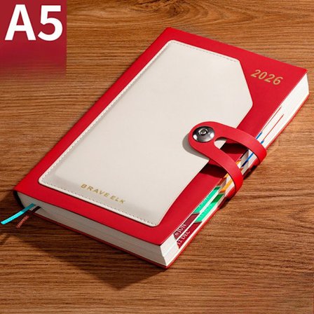 2026 Planner, 400 sider, med månedlige tags. Rød